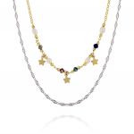 Double chain necklace with pearls, multicolor stones and hanging stars