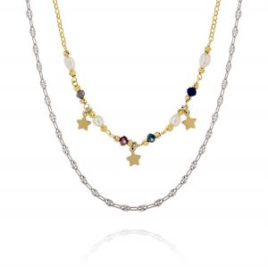 Double chain necklace with pearls, multicolor stones and hanging stars