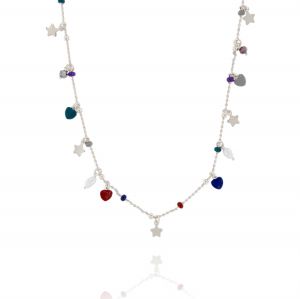 Necklace with tars, pearls enamel heart and balls