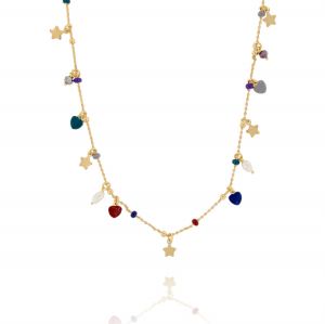 Necklace with tars, pearls enamel heart and balls - gold plated