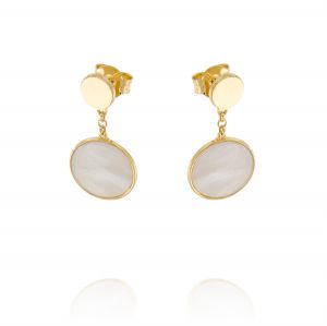 Earrings with hanging disc shaped mother of pearl - gold plated