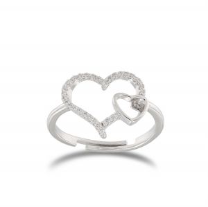 Large cubic zirconia heart ring with a smaller heart inside