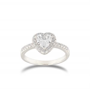 Anello con zircone a forma di cuore e cornice di zirconi
