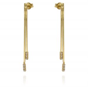 Earrings with two long flat pendant chains and cubic zirconia - gold plated