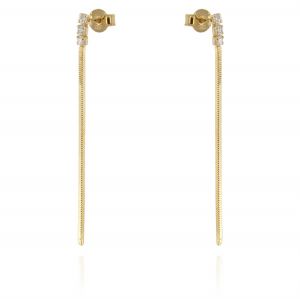 Earrings with a flat pendant chain with three cubic zirconia on top - gold plated