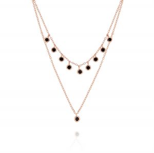 Double chain necklace with black cubic zirconia - rosé plated