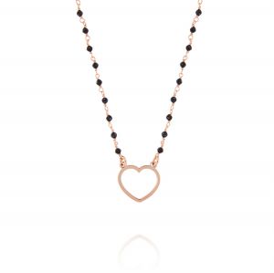 Necklace with black stones and a openwork heart - rosé plated