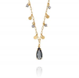 Grey drop-shaped cubic zirconia necklace with stones and discs - gold plated