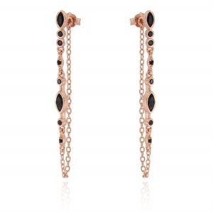 Earrings with chain and black cubic zirconia - rosé plated