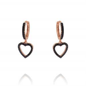 Hoop earrings with openwork heart with black cubic zirconia - rosé plated